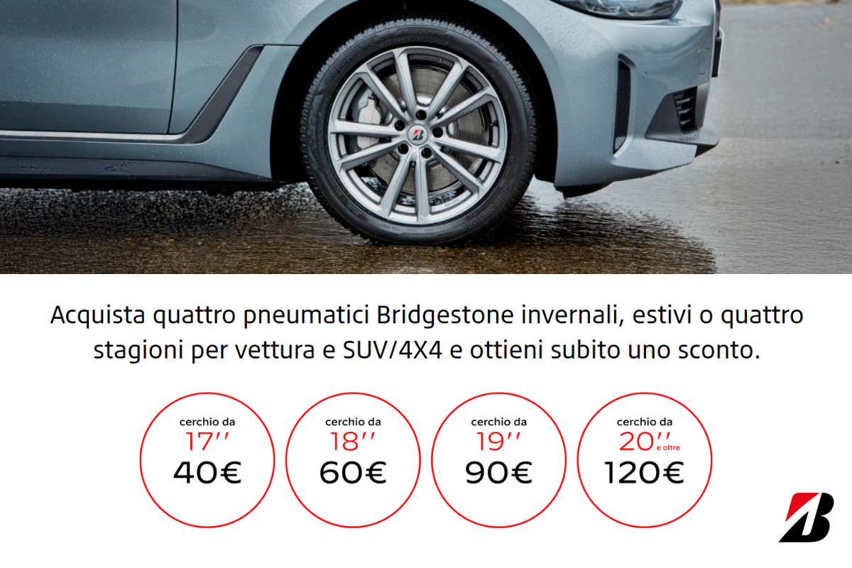 Sconti fino a 120 € su pneumatici Bridgestone invernali estivi o 4 stagioni